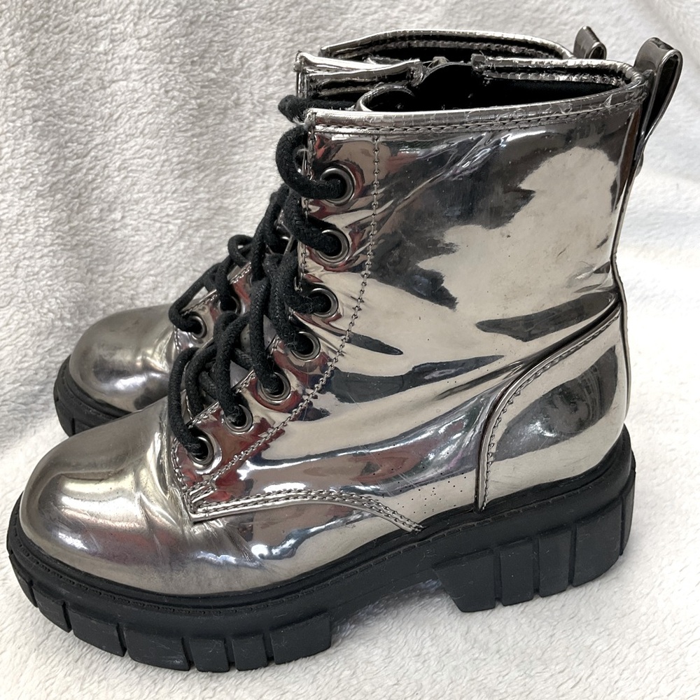 MADDEN NYC Chunky Silver Metallic Worn Combat Boots | Girl 13